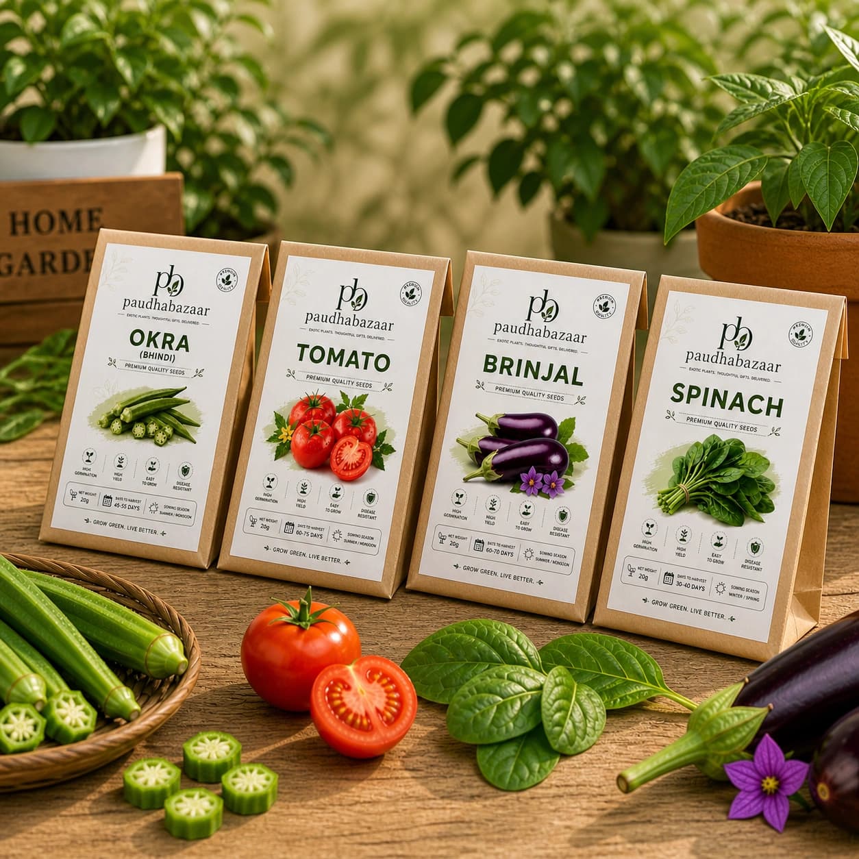 Vegetable Seed Pack Combo (Okra, Tomato, Brinjal & Spinach)