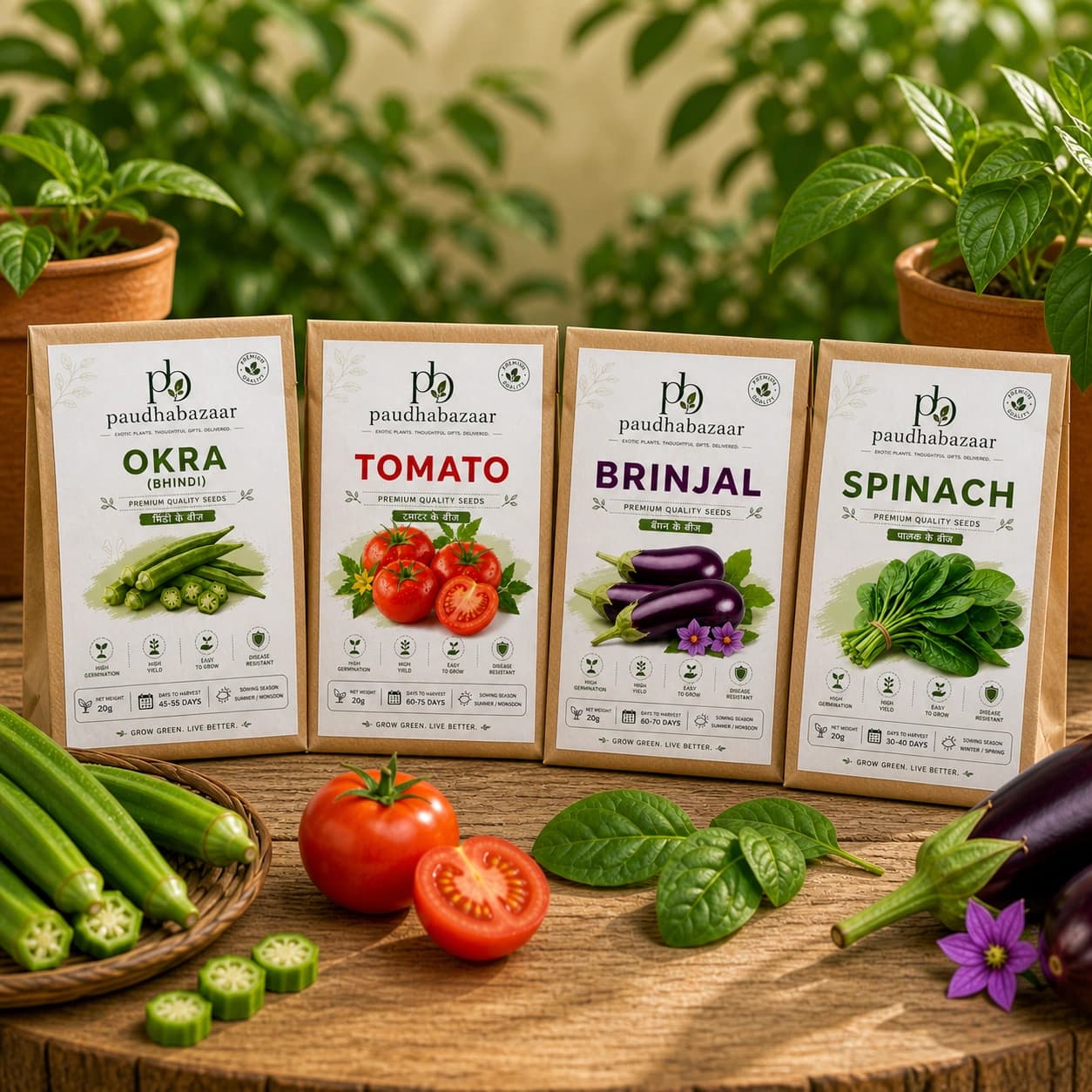 Vegetable Seed Pack Combo (Okra, Tomato, Brinjal & Spinach)
